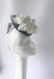 Airforce Blue Percher with White Roses Fascinator