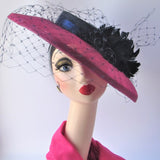 Navy and Pink Hatinator with Feather Flowers and Vintage Waffle Veiling