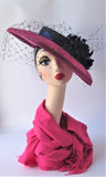 Navy and Pink Hatinator with Feather Flowers and Vintage Waffle Veiling