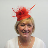 Small base fascinator with flower feathers, veiling, crinoline and feather arrow