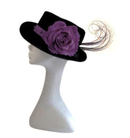 Black trilby with amethyst headband and pheasant feathers with purple rose