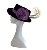 Black trilby with amethyst headband and pheasant feathers with purple rose