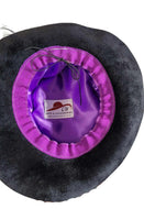 Black trilby with amethyst headband and pheasant feathers with purple rose