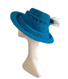 Beautiful Turquoise Cloche hat with Apatite crystals and turquoise peacock feather