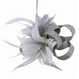 Soft sinamay concord fascinator with feathers and a brooch pin attachment.