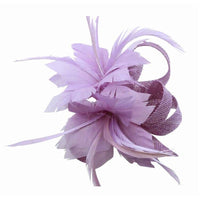 Soft sinamay concord fascinator with feathers and a brooch pin attachment.