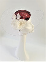 Wine velvet leaf covered base with white illusion brim with roses decoration