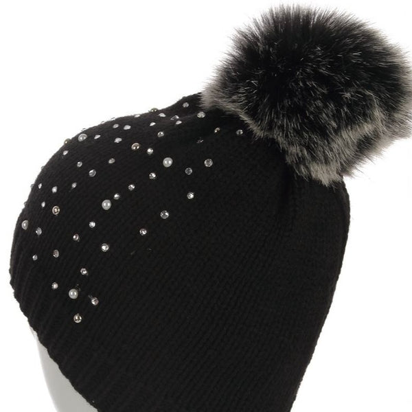 Pearl & Diamante Pompom Knitted Beanie Hat