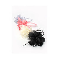 Satin flowers with feathers and netting on aliceband