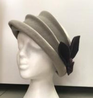 Handcrafted designer grey vintage wool hat with leaf motif in dark plum