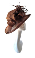 Brown large brim hat with ribbon and feather detail