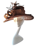 Brown large brim hat with ribbon and feather detail