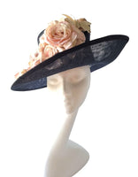 HAT 7 - Navy hat with pink roses and a butterfly