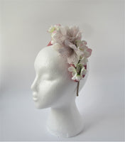 Dusky pink halo with ivory and pink flowers