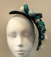 Teardrop with sinamay flower and ribbons with dalmonte flower centre