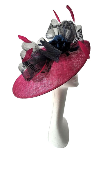 Cerise and Navy large brim hatinator with navy rose