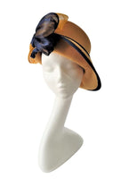 Bespoke Wool Felt Mustard and Navy Cloche Hat with silk abaca bow and band