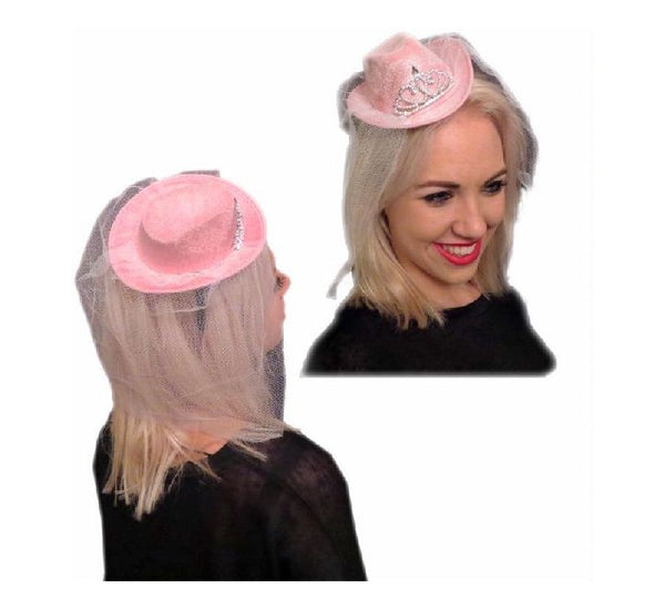 Mini pink cowboy hat with veil for hen parties