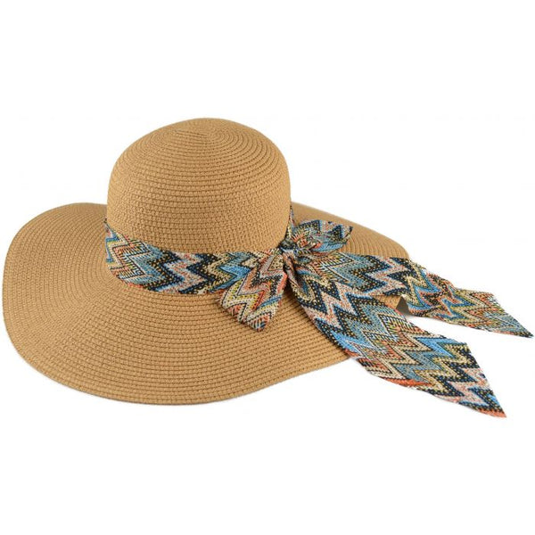 Women's Wide Brim Summer Sun Hat with zig-zag tie