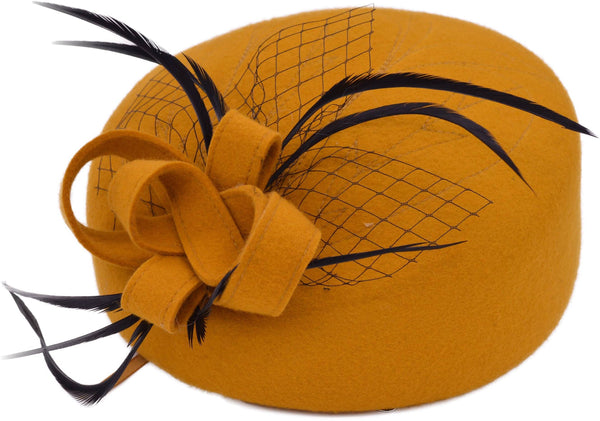 Womens Wool Felt Vintage Hat with netting and biot feathers